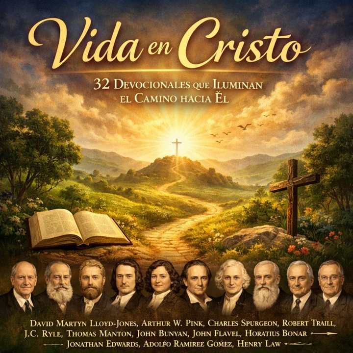 Portada de Vida en Cristo: 32 Devocionales que Iluminan el Camino hacia Él, de Arthur W. Pink, Charles Spurgeon, David Martyn Lloyd-Jones, Horatius Bonar, J.C. Ryle, John Bunyan, John Flavel, Robert Trail, Robert Traill, Thomas Manton