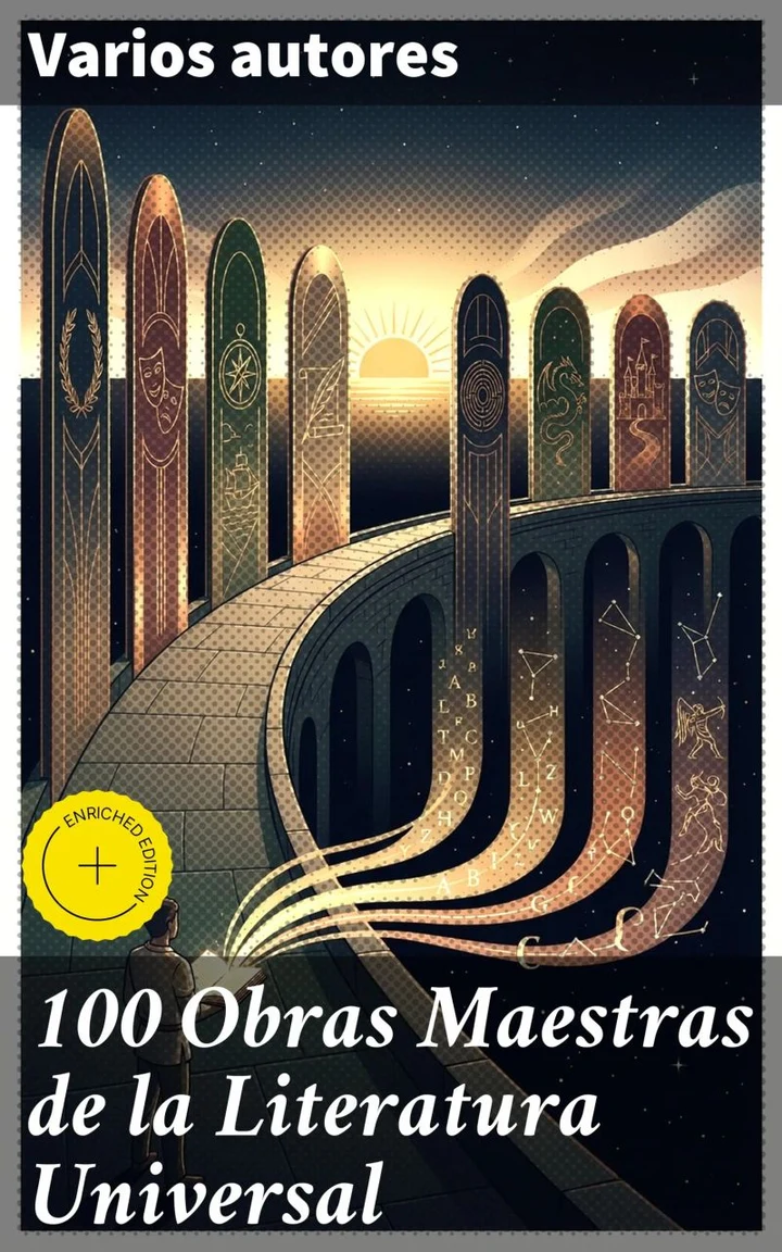 Portada de 100 Obras Maestras de la Literatura Universal, de Johann Wolfgang von Goethe, Gustave Flaubert, Franz Kafka, Lewis Carroll, Sigmund Freud, Henrik Ibsen, Charles Dickens, Honoré de Balzac, Mark Twain, Immanuel Kant, Friedrich Schiller, Harriet Beecher Stowe, Oscar Wilde, Robert Louis Stevenson, Edgar Allan Poe, William Shakespeare, Dante Alighieri, Giovanni Boccaccio, Bram Stoker, Charlotte Brontë, Emily Brontë, Jack London, Henry James, Louisa May Alcott, Victor Hugo, Arthur Conan Doyle, Joseph Conrad, Jane Austen, José Rizal, Edgar Rice Burroughs, Herman Melville, Jonathan Swift, Gustavo Adolfo Bécquer, Vicente Blasco Ibáñez, Benito Pérez Galdós, Jean-Jacques Rousseau, Daniel Defoe, Pedro Calderón de la Barca, Virginia Woolf, Washington Irving, Juan Valera, Horacio Quiroga, Nathaniel Hawthorne, Charles Baudelaire, Wilkie Collins, William Makepeace Thackeray, Voltaire, Apuleius, Leopoldo Alas, John Milton, José Martí, Lope de Vega, Emilio Salgari, Francisco de Quevedo, Rubén Darío, Antonio Machado, José Zorrilla, Tirso de Molina, Emilia Pardo Bazán, Fernando de Rojas, L. Frank Baum, H. G. Wells, J. M. Barrie, H. Rider Haggard, H. P. Lovecraft, Seneca, Hans Christian Andersen, Friedrich Nietzsche, Mary Shelley, Baltasar Gracián, Sófocles, Sun Tzu, Fiódor Dostoyevski, Antón Chéjov, León Tolstoi, Tomás Moro, San Agustín, Nikolái Gógol, Julio Verne, Homero, Platón, Alejandro Dumas, Aristóteles, Hermanos Grimm, Jorge Isaacs, Ignacio de Loyola, Nicolás Maquiavelo, Miguel Cervantes, Teresa de Jesús, Alejandro Dumas hijo, Mijaíl Bakunin, Miguel De Unamuno, Duque de Rivas, Ramón María del Valle-Inclán, Federico García Lorca, Gibrán Jalil Gibrán