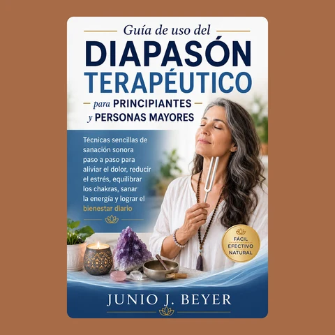 Portada de Guía de uso del diapasón terapéutico para principiantes y personas mayores: Técnicas sencillas de sanación sonora paso a paso para aliviar el dolor, reducir el estrés, equilibrar los chakras, sanar la energía y lograr el bienestar diario.