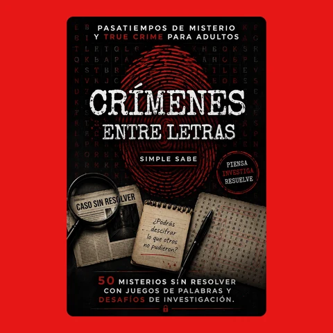Portada de Simple Sabe and Crímenes entre letras: 50 misterios sin resolver con juegos de palabras y desafíos de investigación.