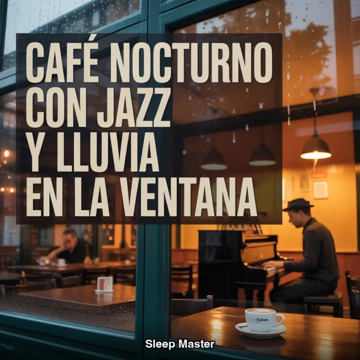 Portada de Café Nocturno con Jazz y Lluvia en la Ventana : 8 Horas de Ambiente de Cafetería con Jazz Suave y Lluvia para Dormir, de Sleep Master